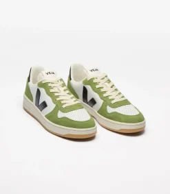 Baskets en cuir | vert et blanc "v-10 prime - white_black_kiwi"