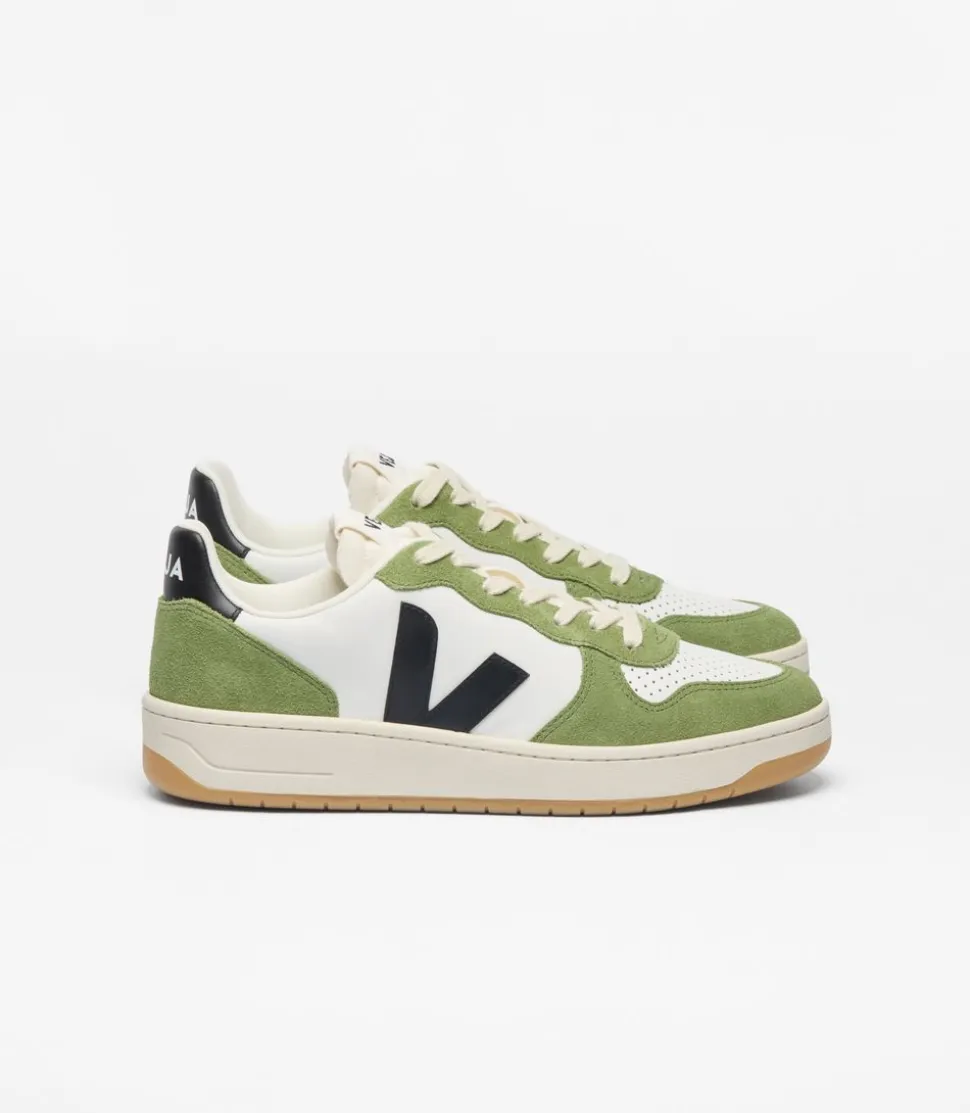 Baskets en cuir | vert et blanc "v-10 prime - white_black_kiwi"
