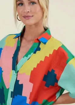 Blouse en seersucker coton bio et lyocell | multicolore "maxi flower oversize cropped blouse"