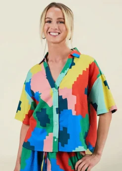 Blouse en seersucker coton bio et lyocell | multicolore "maxi flower oversize cropped blouse"
