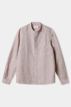 Chemise col mao en lin | rayée marron 