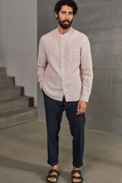 Chemise col mao en lin | rayée marron 