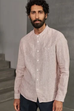 Chemise col mao en lin | rayée marron 
