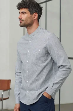 Chemise col officier en coton bio | rayée bleue 