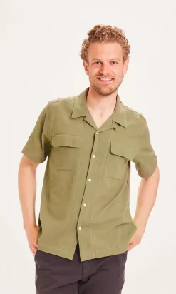 Chemise manche courte vert-olive en coton bio - wave crinkled shirt burned olive