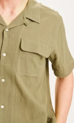 Chemise manche courte vert-olive en coton bio - wave crinkled shirt burned olive