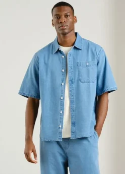 Chemise manches courtes denim en coton bio | bleu clair "skalhamn denim light blue"