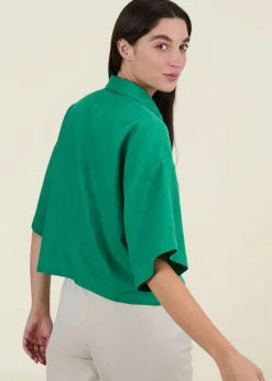 Chemise manches courtes en lin et ecovero | verte "boxy squared blouse green"