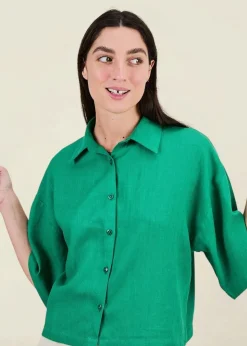 Chemise manches courtes en lin et ecovero | verte "boxy squared blouse green"