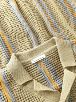 Chemise manches courtes maille en coton bio | striped knitted shirt beige stripe