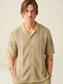 Chemise manches courtes maille en coton bio | striped knitted shirt beige stripe