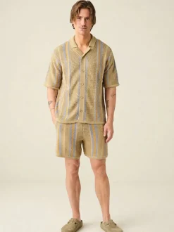 Chemise manches courtes maille en coton bio | striped knitted shirt beige stripe