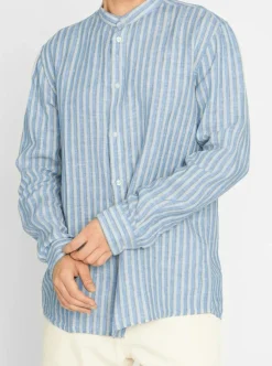 Chemise rayée bleue en lin bio - striped linen custom fit shirt stripe