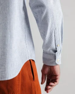 Chemise rayée col mao en coton bio | bleu "pinstripe japanese mao cotton shirt navy"