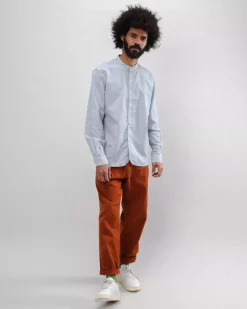 Chemise rayée col mao en coton bio | bleu "pinstripe japanese mao cotton shirt navy"