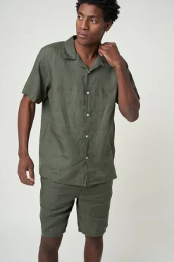 Chemisette olive en lin bio - box fit short sleeved linen burned olive