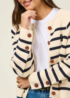 Gilet en coton bio | rayé "placed stripe knit cardigan - oatmilk-night sky"