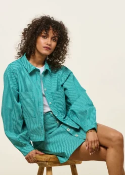 Jupe courte en coton bio et matières recyclées | turquoise "denim stripes mini skirt"
