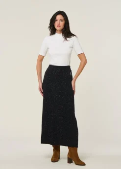 Jupe longue côtelée en coton bio et laine | noir "hanaa tweed - black-oatmilk"