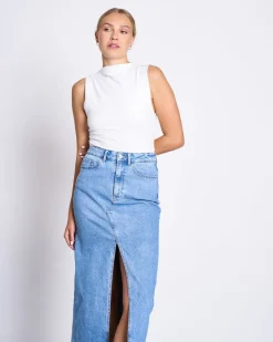 Jupe longue en denim de coton bio | bleu "luce light blue"