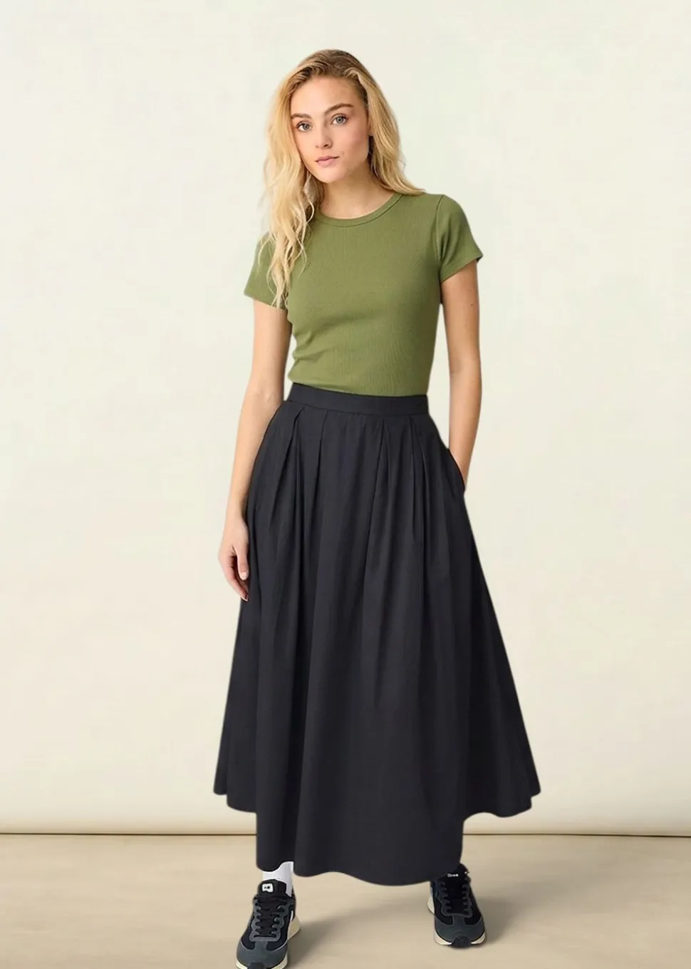 Jupe longue popeline en coton bio organic cotton pleated skirt - black jet