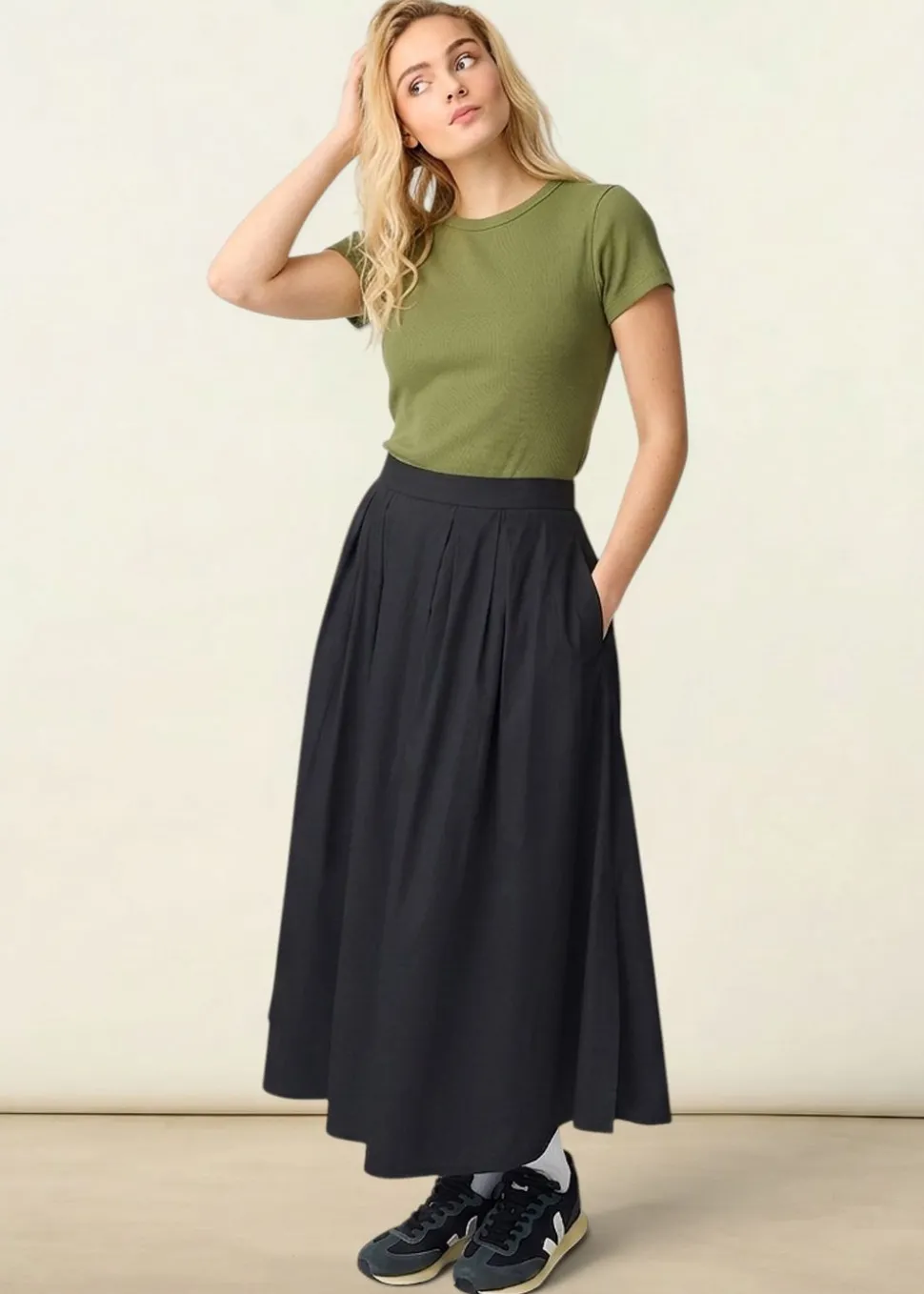 Jupe longue popeline en coton bio organic cotton pleated skirt - black jet