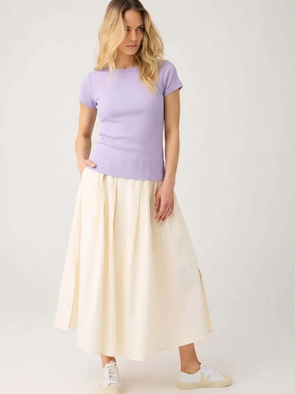 Jupe longue popeline en coton bio | blanc "organic cotton pleated - egret"