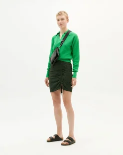 Jupe verte forêt à fente en coton bio - green seersucker rachel skirt