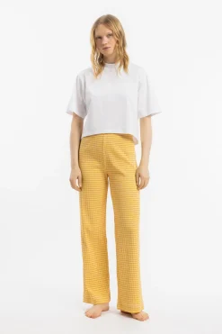 Pantalon ample en coton bio | rayé jaune et blanc "ribbed lounge pant yellow/sand stripe"