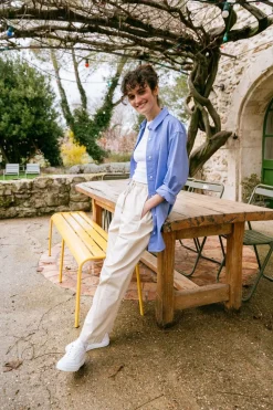 Pantalon droit léger en coton bio | beige "fog seacell esther pants"