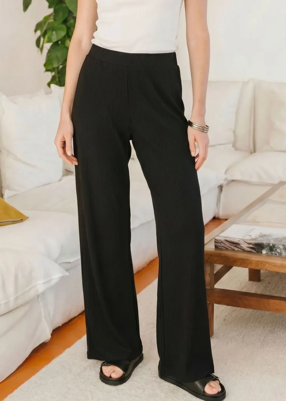 Pantalon fluide en tencel côtelé taille élastiquée "tania" | noir