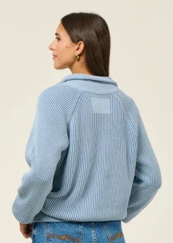 Pull col camionneur en coton bio | bleu clair "troyer vanisé knit sweater - dark blue glow"