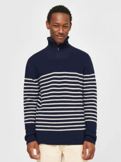 Pull col camionneur en laine bio | marine "1/2 neck zip merino wool rib knit blue stripe"