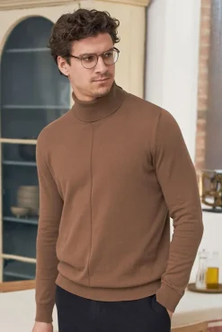 Pull col roulé en coton bio | camel 