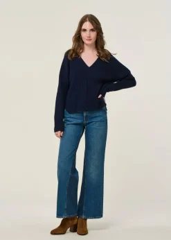 Pull col v en laine recyclée | bleu 