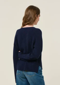 Pull col v en laine recyclée | bleu 
