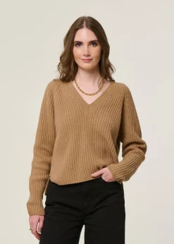 Pull col v en laine recyclée | camel 