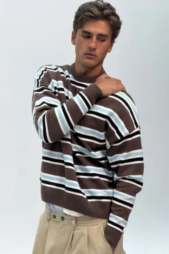 Pull en coton bio | rayé marron bleu "jersey bright brown - bright-brown"