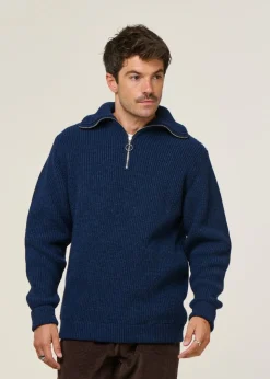 Pull maille col zippé en laine recyclée | bleu "heavy knit troyer wool-blend - blue melange"