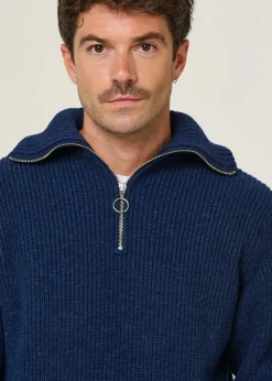 Pull maille col zippé en laine recyclée | bleu 