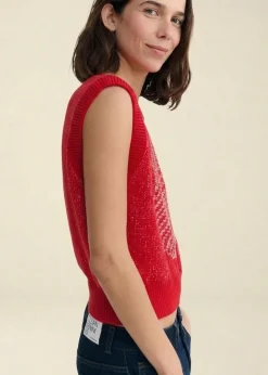 Pull sans manches en coton et matière recyclées | shell red aria knitted vest - red