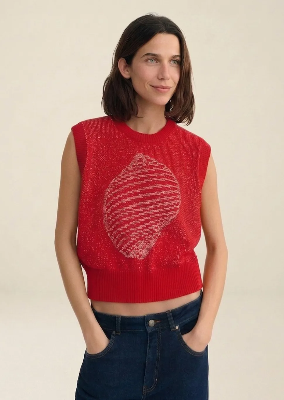 Pull sans manches en coton et matière recyclées | shell red aria knitted vest - red