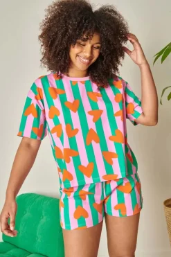 Pyjama en coton bio | coeurs rayures - vert