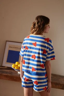 Pyjama en coton bio | marinière coeurs - bleu
