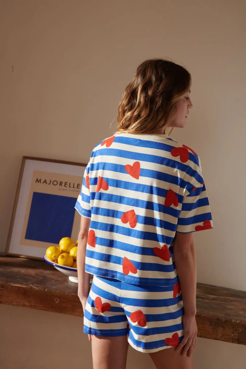 Pyjama en coton bio | marinière coeurs - bleu