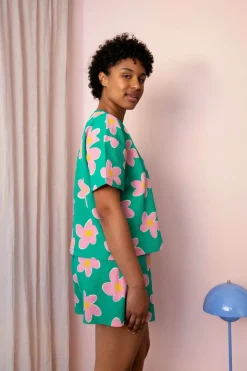 Pyjama gaufré en coton bio | multicolore "pyjama big flower - vert, rose" collab we are jolies x hindbag