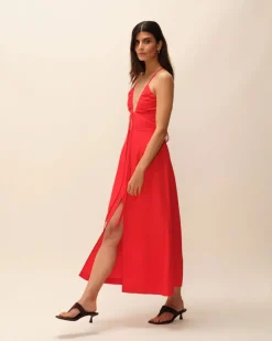 Robe en ecovero | rouge "robe longue à liens tania"