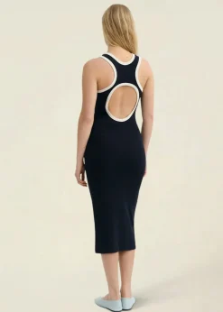 Robe longue en coton bio | marine "navy pannacota contrast doechi dress - blue"