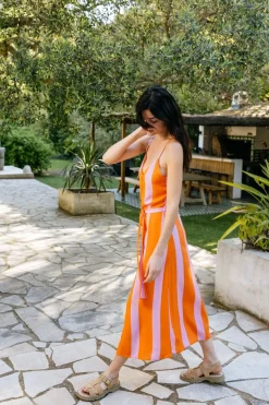 Robe longue en ecovero | multicolore "color block strap dress orange"