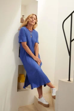 Robe t-shirt plissée coton bio | bleu